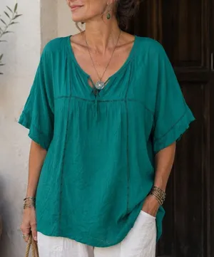 Chico's Size 3 XL Blouse Peasant Boho Green Crochet Trim Rayon Short Sleeve Top thumbnail 1