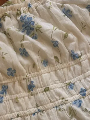 Cream Floral Puff-Sleeve BoHo flowery cottage core Dress with Blue Flowers thumbnail 3