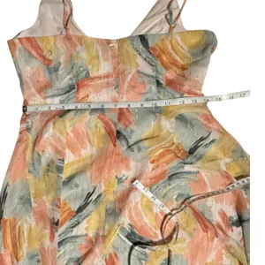Lulus Peach Yellow Abstract Brushstroke Gold Pinstripe Mini Dress Small‎ thumbnail 8