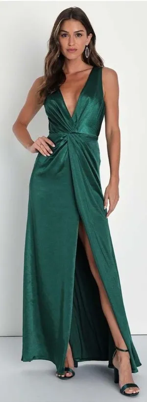 Lulus Perfect Refinement Emerald Satin Sleeveless Pleated Maxi Dress Size Small thumbnail 1