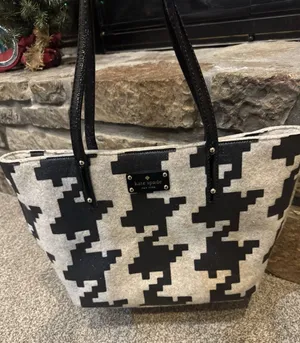 Kate Spade Telltale Twinkle‎ Tote Set Black Sparkle Cream Wool Houndstooth thumbnail 1