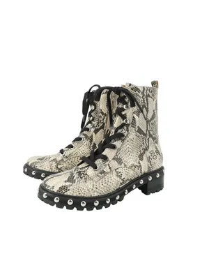 Schutz Andrea Studded Snakeskin Print Leather Zip Up Wedge Black Combat Boots 9 thumbnail 4