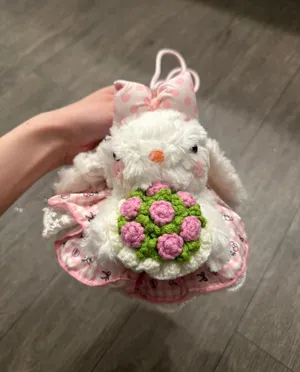 White Plush Bunny Doll with Pink Accents and Crocheted Flower thumbnail 4