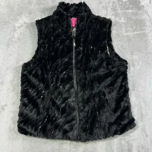 Betsey Johnson M Black Faux Fur Metalic Sequin Vest Full Zip Leopard Lined thumbnail 1