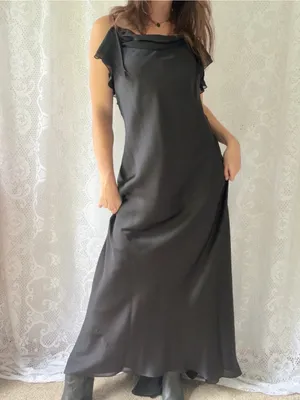 Vintage Y2K Cachet Black Satin Cowl Neck Ruffle Maxi Dress Size 8 thumbnail 2