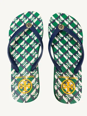 Tory Burch Green, Navy & White Check Logo Flip Flops Size 5 NWOT thumbnail 3