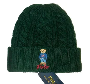 RALPH LAUREN Green Cable Knit Hat w/ Bear Wearing American Flag Sweater O/S NWT thumbnail 9