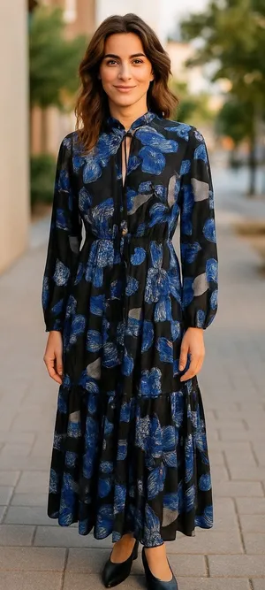 Pinch NWT Maxi Dress S LG Tiered Ruffled Lined Women's Peasant Sleeve Butterfly thumbnail 1
