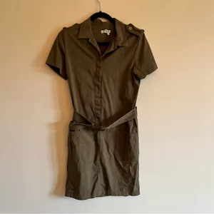 Lacoste Army Green Button Up Safari Belted Shirt Dress | S thumbnail 2