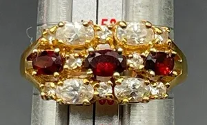 Garnet and Clear Rhinestones 14k Gold Electroplate Size 9 Ring Vtg thumbnail 1