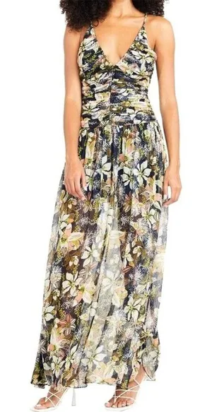 Tanya Taylor‎ Dress Women 00 Black Floral Print Linen Silk Ruched Lovette Maxi thumbnail 1