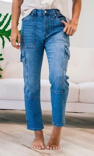 KanCan USA Avery Straight Leg Cargo Jeans Medium Wash thumbnail 1