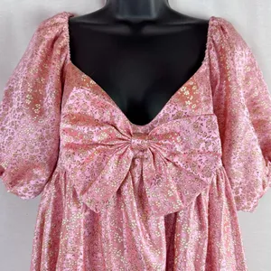 SAU LEE Arabella Mini Dress in Candy Pink Jacquard Floral Bow Puff Sleeve US 8 thumbnail 5