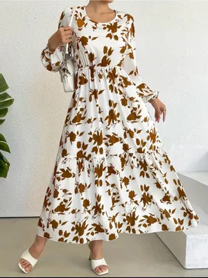 Women's White Maxi Dress with Brown Floral Print thumbnail 1
