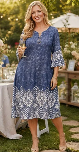 Chelsea Taylor 2X Blue Faux Denim Dress Lace Trim Ring Neck Stretch Midi Plus thumbnail 1