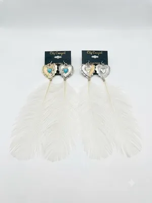 NWT Citi Cowgirl Western Heart & White Feather Statement Earrings thumbnail 3