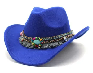Blue Western Cowboy, Cowgirl Hat, Bead Tassle Strap, Men Women‎ Retro Wide Brim thumbnail 1