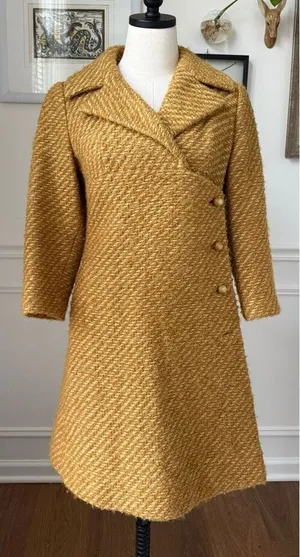 Vintage 60s Franklin Simon New York Mustard Gold Side Button Coat S M thumbnail 1