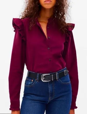 Gap Corduroy Ruffle Shirt Womens XL Tall Burgundy Long Sleeve Button Up thumbnail 1