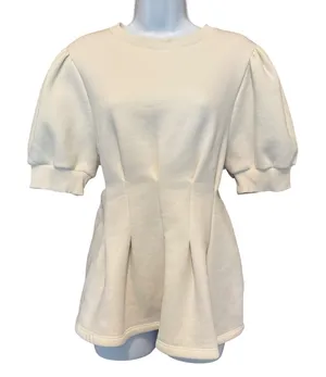 Maeve Puff Sleeve Sweatshirt L Cream Pleated Waist Peplum Top Preppy Soft Girl thumbnail 1