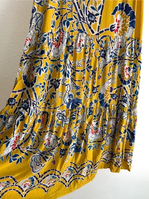Anthropologie Maeve Puebla Printed Tiered Maxi Dress Yellow Blue Medium thumbnail 4