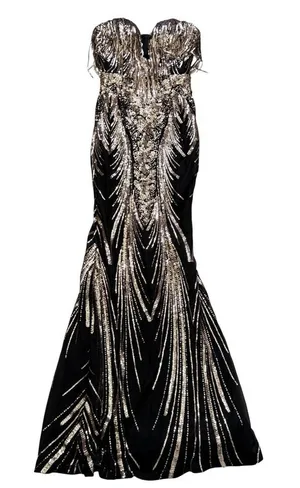 Faeriesty Sequin Mermaid Gown‎ Sz S Black Gold Strapless Evening Formal Prom thumbnail 1