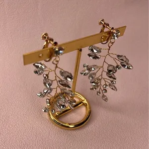 Vintage Gems Bridal Rhinestone Vine Clip On Earrings Gold Crystal Dangle thumbnail 5