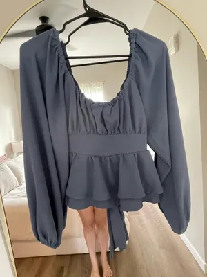Women's Slate Blue Peplum Long-Sleeve Top thumbnail 1
