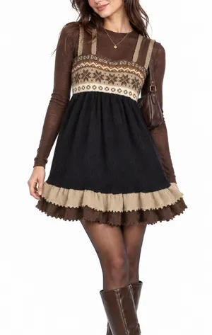 Carolina K XS Alpaca Merino Wool Fair Isle Babydoll Mini Dress Boho Cottagecore thumbnail 1