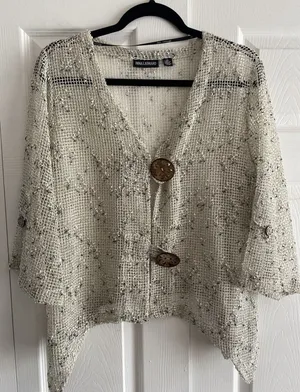 Nina Leonard Open Knit Mesh Cardigan Womens Size XL‎ Cream Boho Festival Minimal thumbnail 1