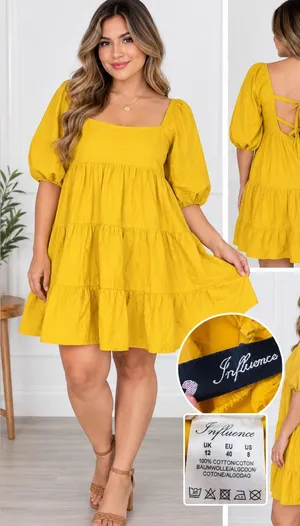 Influence Mustard Yellow Tiered Mini Dress with Square Neck Size 12 thumbnail 1
