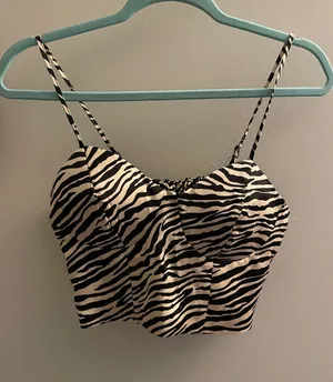 Sincerly Jules Zebra Print Satin Spaghetti Strap Crop Top - Black & Cream thumbnail 1