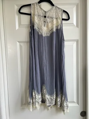 Umgee Boho Sleeveless Dress/Tunic, Lace Detail, Blue/Gray thumbnail 4