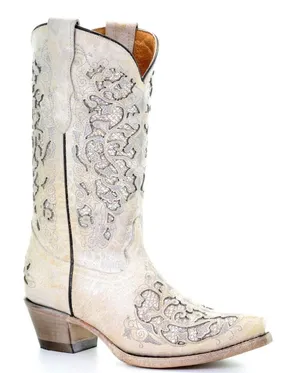 Corral Teens White Glitter Inlay & Embroidery Cowgirl Boots size 5 thumbnail 1