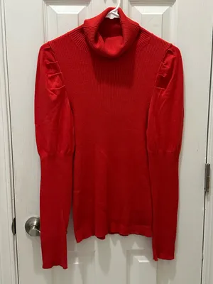 Anthropologie Cecilia Ribbed Puff Sleeve Turtleneck Sweater Red size Medium thumbnail 3