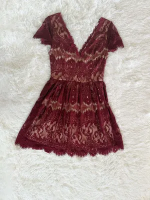 Alya Burgundy Lace Dress XS Womens V Neck Short Sleeve Cocktail Skater Mini thumbnail 7
