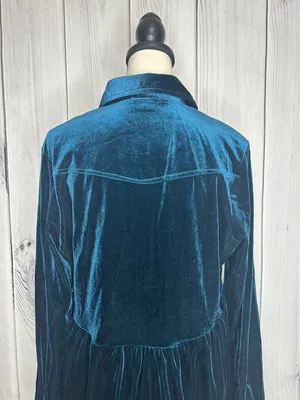 Umgee Teal Velvet Button Up Shirt Sz M Babydoll Western Yoke Long Sleeve thumbnail 8
