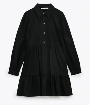 Zara Chambray Denim Ruffle Tiered Poplin Dress in Black Size M thumbnail 1
