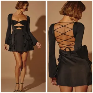 Oh Polly Adria Long Sleeve Bow Mini Dress Size 2 Black Satin Ruffle Lace Up Back thumbnail 2