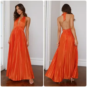 Hello Molly Womens Shimmering Sea Pleated Halter Resortwear Maxi Dress Orange 4‎ thumbnail 2