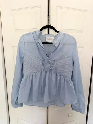Anthropologie Mare Mare Long-Sleeve Cinched Front Top Pastel Blue Blouse Medium thumbnail 3