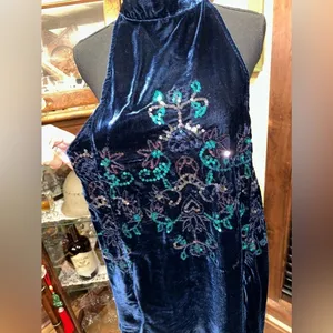 Free People Velvet Embroidered Halter Mini Dress Navy Blue Floral Sequin thumbnail 6