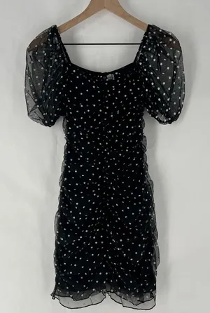 H&M Black & White Polka‎ Dot Mesh Puff Sleeve Ruffle Trim Ruched Mini Dress XXS thumbnail 1