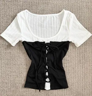Dazy black & white lace-up corset top thumbnail 2