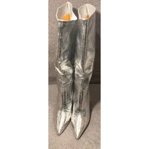 Womens Silver Crocodile Embossed Knee High Boots Pointed Toe‎ Block Heel thumbnail 4