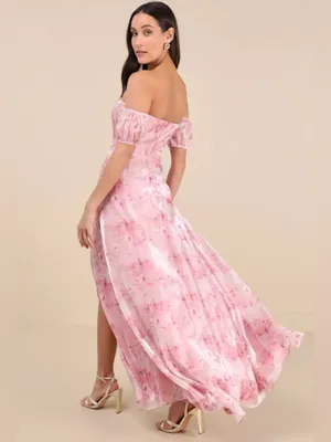 Lulus Idyllic Charisma Light Pink Floral Off-the-shoulder Maxi Dress - Size XS thumbnail 2
