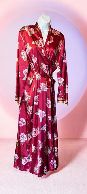 California Dynasty Floral Satin Wrap Robe - Burgundy thumbnail 1