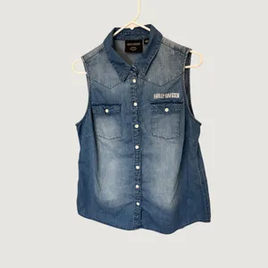 Harley-Davidson Womens Sleeveless Denim Shirt Blue Medium Wash Embroidered L thumbnail 2