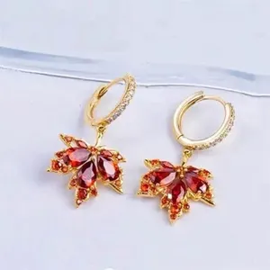 18K Gold Plated Crystal Maple Leaf Dangle Drop Earrings for Women thumbnail 3