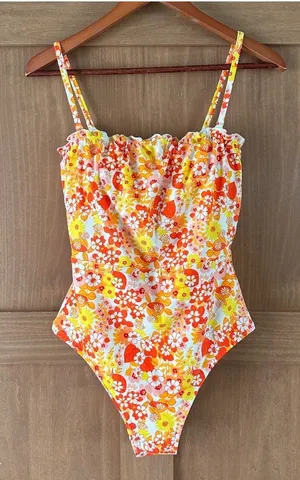 Aerie Tropical Print One Piece Bandeau Swimsuit Retro Floral Women’s Small thumbnail 1